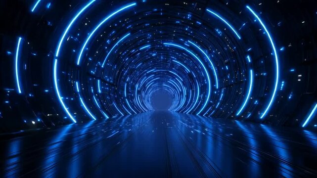 Circular Blue Data Tunnel Built From Glowing Particle Rings