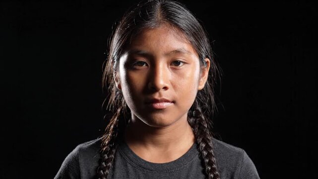 Indigenous Girl Portrait with Braids on Black Background