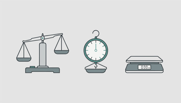 Collection of different weighing devices including a vintage balance scale, a spring hanging scale, and a modern digital kitchen scale.