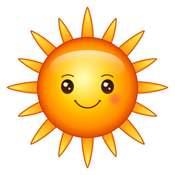 Cute orange sun character with a smiling face and blushing cheeks isolated on a solid black background