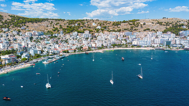 Aerial drone view of the coastline and bay of Saranda, Albania