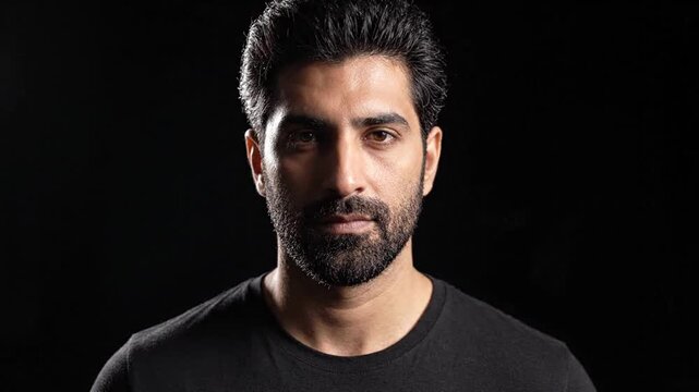 Intense Portrait of Bearded Man on Black Background