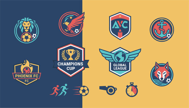 Diverse collection of sports team logo templates featuring animal mascots, trophy cups, anchors, and athletic icons.