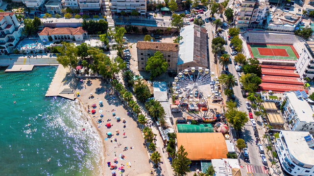 Aerial drone view of the coastline and bay of Saranda, Albania