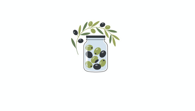 Elegant graphic illustration of a glass jar filled with green and black olives, topped with a decorative olive branch.