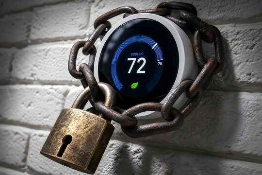 Smart Thermostat Secured by Rusty Metal Chain and Padlock