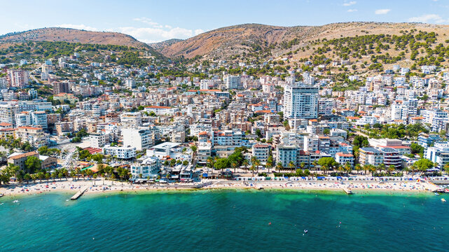 Aerial drone view of the coastline and bay of Saranda, Albania