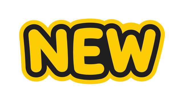 New text badge in bold yellow typography with thick black outline sticker style