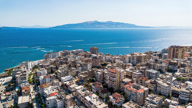 Aerial drone view of the coastline and bay of Saranda, Albania