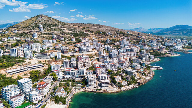 Aerial drone view of the coastline and bay of Saranda, Albania
