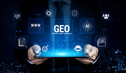 Obraz premium Hands Holding Tablet with Generative Engine Optimization Concept and Technology Icons in a Dark Urban Environment. Glyphic.