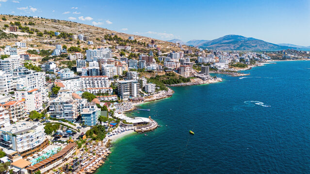 Aerial drone view of the coastline and bay of Saranda, Albania