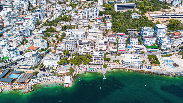 Aerial drone view of the coastline and bay of Saranda, Albania