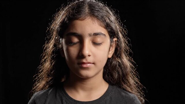 Serious Young Girl Portrait on Black Background