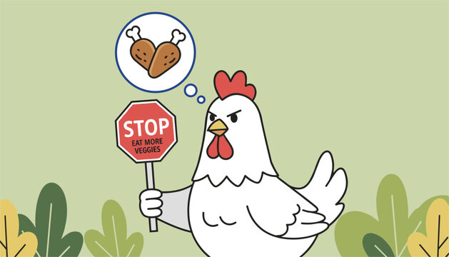 Funny cartoon chicken holding a stop eat more veggies sign while dreaming of delicious fried chicken drumsticks.