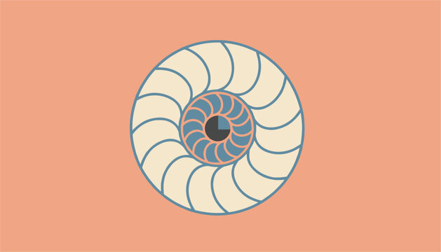 Abstract vector illustration of a stylized human eye with swirling spiral patterns on a pastel peach background.