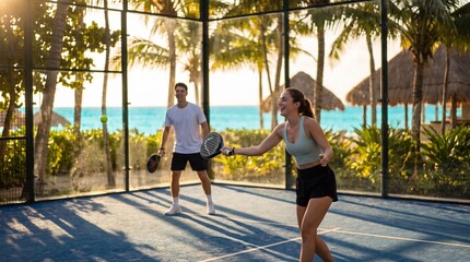 Naklejka premium Young Happy Couple Playing Padel Tennis Match at Tropical Beach Resort. Concept of padel court.