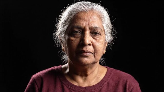 Portrait of Elderly South Asian Woman on Black Background