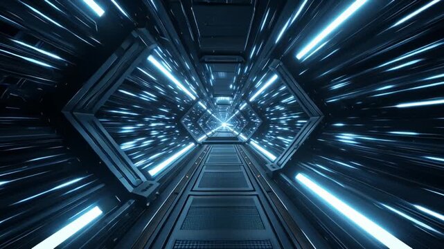Futuristic Blue Light Tunnel Racing Toward Vanishing Point