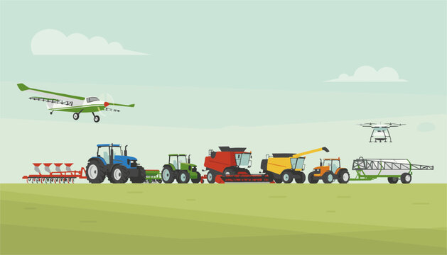 Modern smart farming machinery including tractors, harvester, drone, and crop duster plane in a green field.