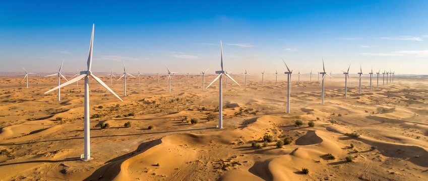 Wind Farm in Desert: A vast wind farm stretches across a sandy desert landscape, with tall wind turbines generating clean energy under a clear blue sky.
