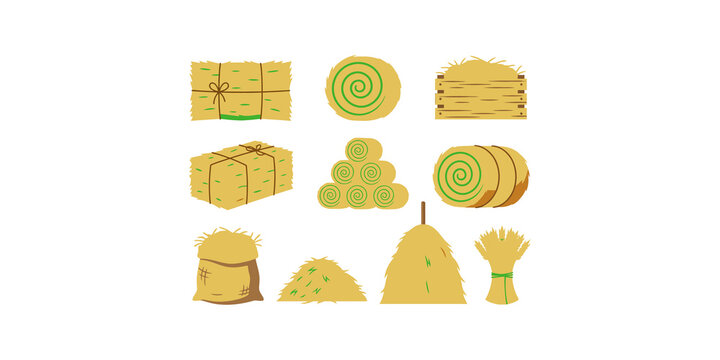 Set of various yellow hay bales and straw stacks in different shapes, perfect for farm harvest and agriculture concepts.