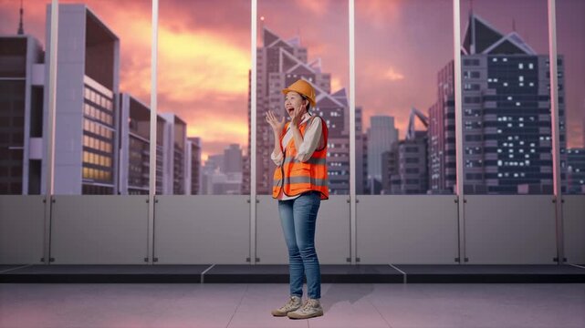 Full Body Side View Of Asian Female Engineer With Safety Helmet Smiling To Camera And Saying Wow While Standing at Office with Panoramic City Skyline at Sunset
