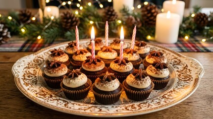 Fototapeta premium Delicious chocolate cupcakes with lit candles on a decorative platter for a holiday celebration