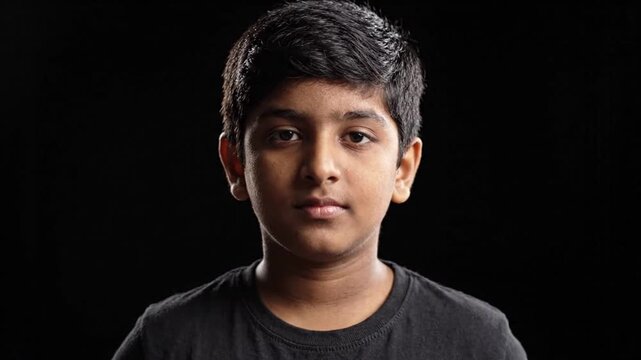 Serious Indian Boy Portrait on Black Background