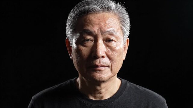 Serious Elderly Asian Man Portrait on Black Background