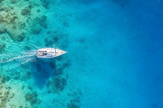 Aerial View of White Boat Sailing on Clear Turquoise Ocean Water