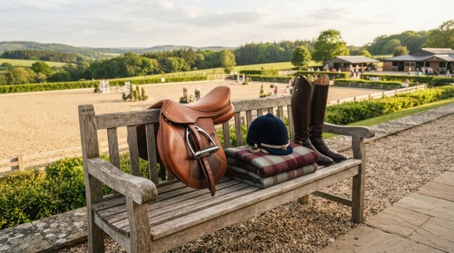 Brown leather horse saddle with riding boots and black helmet resting on a wooden bench at a sunny equestrian riding school arena