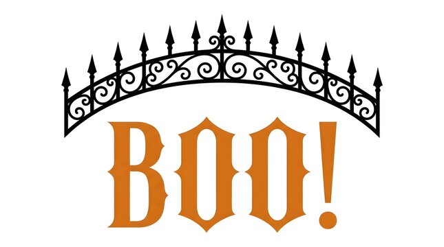 Decorative halloween boo text design featuring a black wrought iron archway silhouette on a white background
