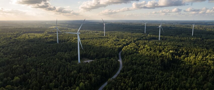 Wind Farm Amidst Forest: An aerial view showcases a modern wind farm with towering turbines scattered across a dense, lush green forest, highlighting sustainable energy production.