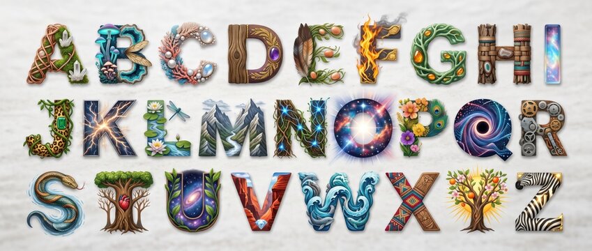 Fantasy Alphabet Letters Set with Elements of Nature Space and Magic. Concept of decorative font, creative abc, initial set.