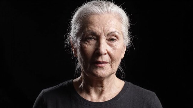 Senior Woman Portrait with Grey Hair on Black Background