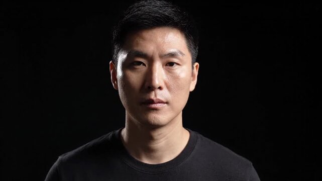Serious Asian Man Portrait on Black Background