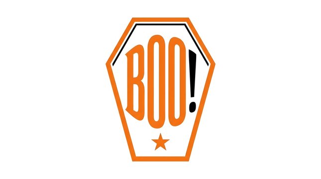 Vintage style halloween graphic featuring the word boo written in orange letters inside a coffin shaped frame