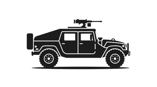 Military humvee off-road vehicle with mounted turret gun.