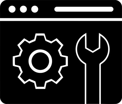 Website browser window icon with gear and wrench symbols isolated on transparent background