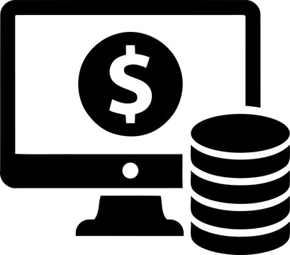 Computer monitor icon with dollar sign and coin stack isolated on transparent background