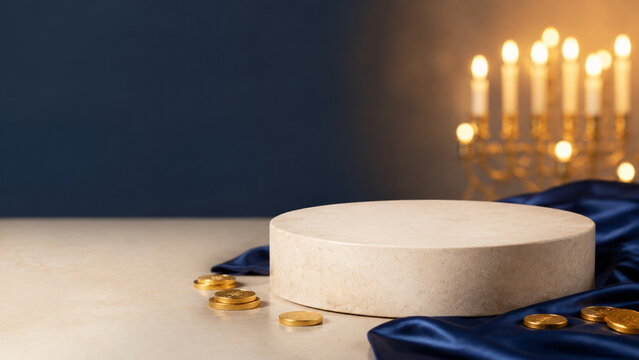 Minimal Hanukkah product podium with navy fabric and gold coins
