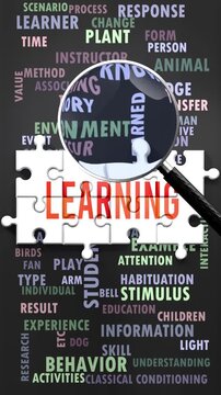 Learning under magnifying glass, being researched, studied and examined. Most important subjects and ideas closely related to learning written around a puzzle to symbolize complexity of learning.