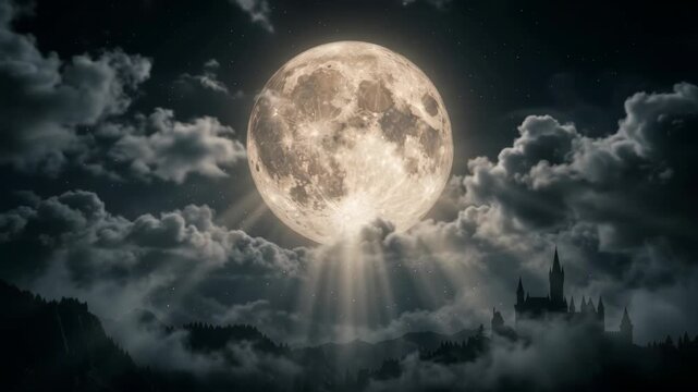 Full moon shining through clouds above a silhouetted castle and mountain forest, creating a dark fantasy night landscape across changing video frames