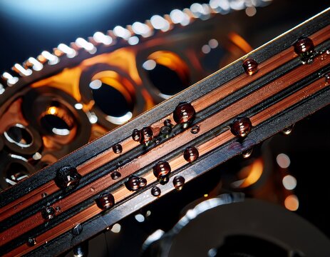 timing belt wet with machine oil droplets caught in tooth valley grooves htd profile tooth geometry glistening under single focused spot polymer tensile cord layer visible at frayed cut edge deca