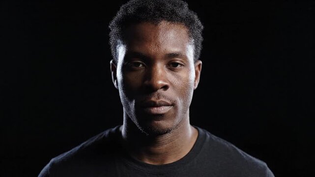 Serious Black Man Opening Eyes Against Dark Background