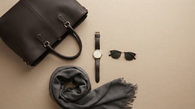 Flat lay of a stylish brown leather handbag with a matching wrist watch, sunglasses and a grey wool scarf on a neutral background