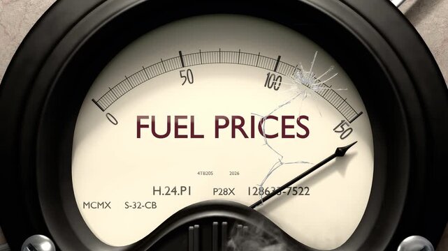 Fuel prices meter showing big levels of fuel prices. Dangerously increasing high values of fuel prices, critical overload. Too much, off the charts. Max fuel prices