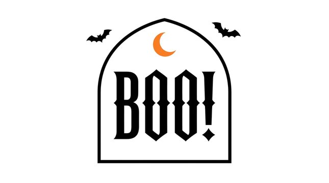 Spooky halloween boo text design featuring a crescent moon and flying bats inside a decorative arch frame