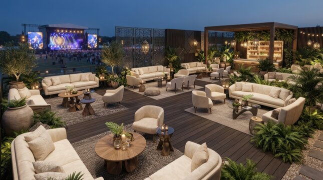 Modern luxury rooftop lounge bar with comfortable outdoor furniture and cozy seating areas at night with city lights background